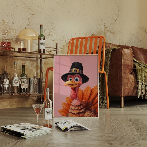 Whimsical Pilgrim Turkey Portrait Pink Background Thanksgiving Canvas Print