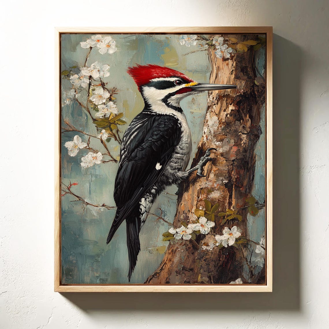 Red Crested Woodpecker On Tree Trunk With Spring Blossoms Poster
