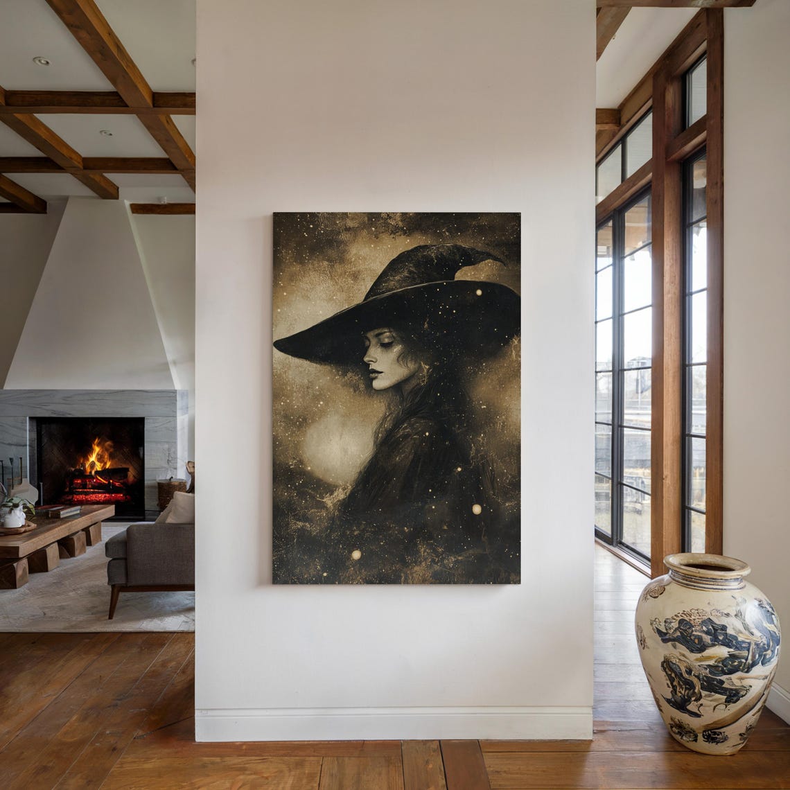 Enchanting Witch In Wide Brim Hat Mystical Sepia Portrait Poster - Image 4