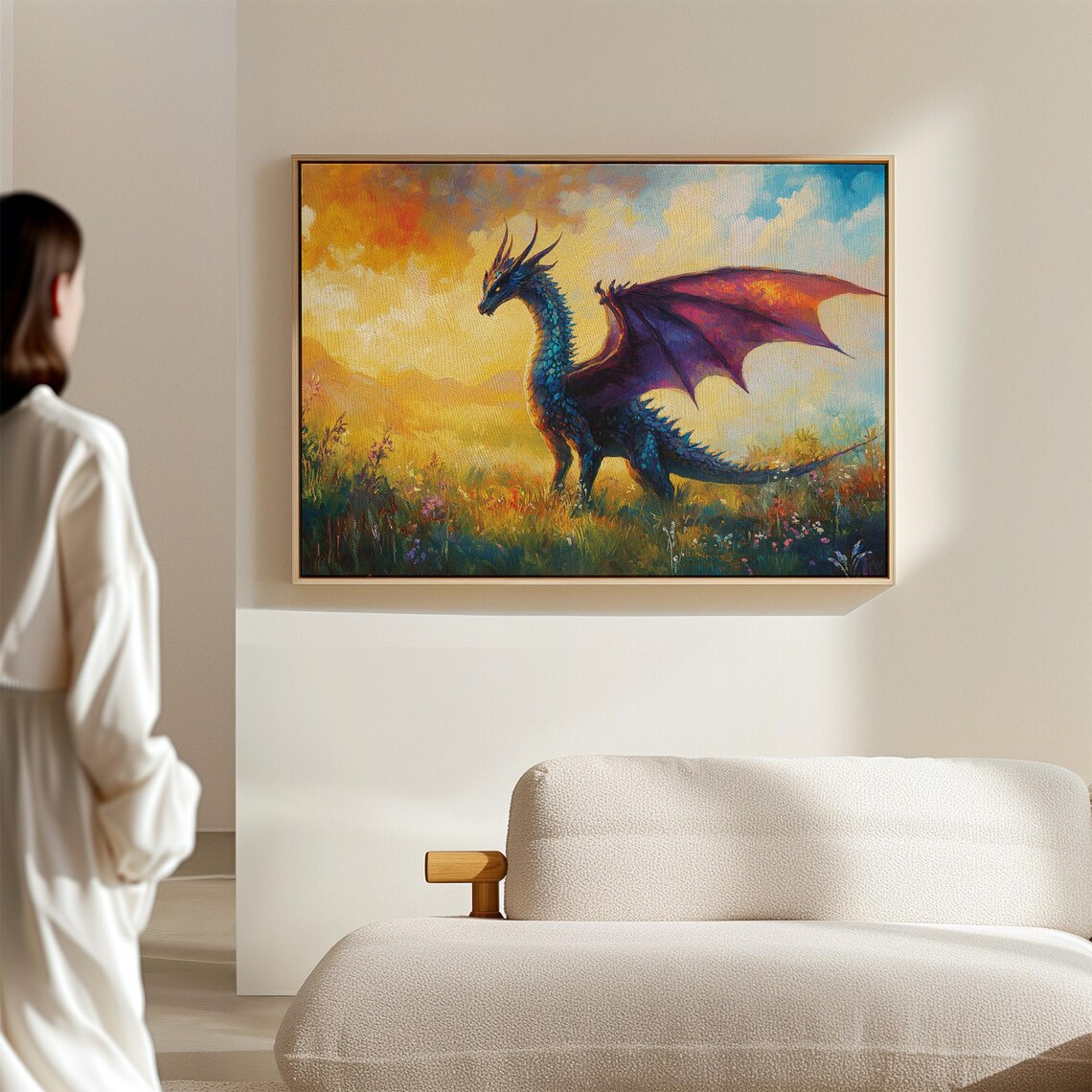 Teal Dragon with Magenta Wings Golden Meadow Fantasy Art Print - Image 4