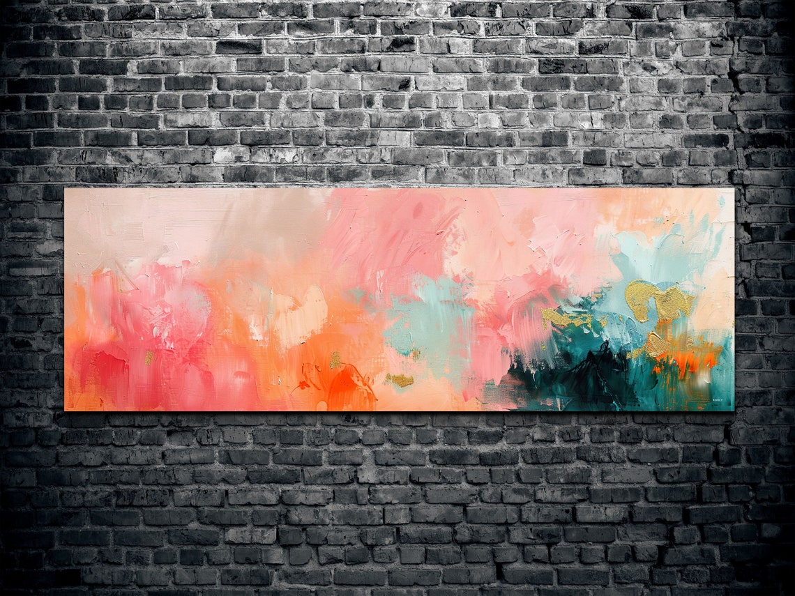 Pink Coral Teal Abstract Brushstroke Color Wash Panoramic Wall Art - Image 2