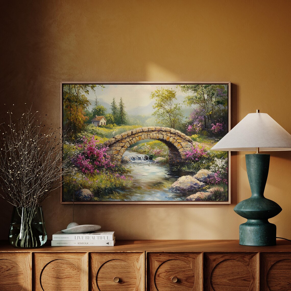 Rustic Stone Bridge Over Serene Stream, Vintage Landscape - Image 4