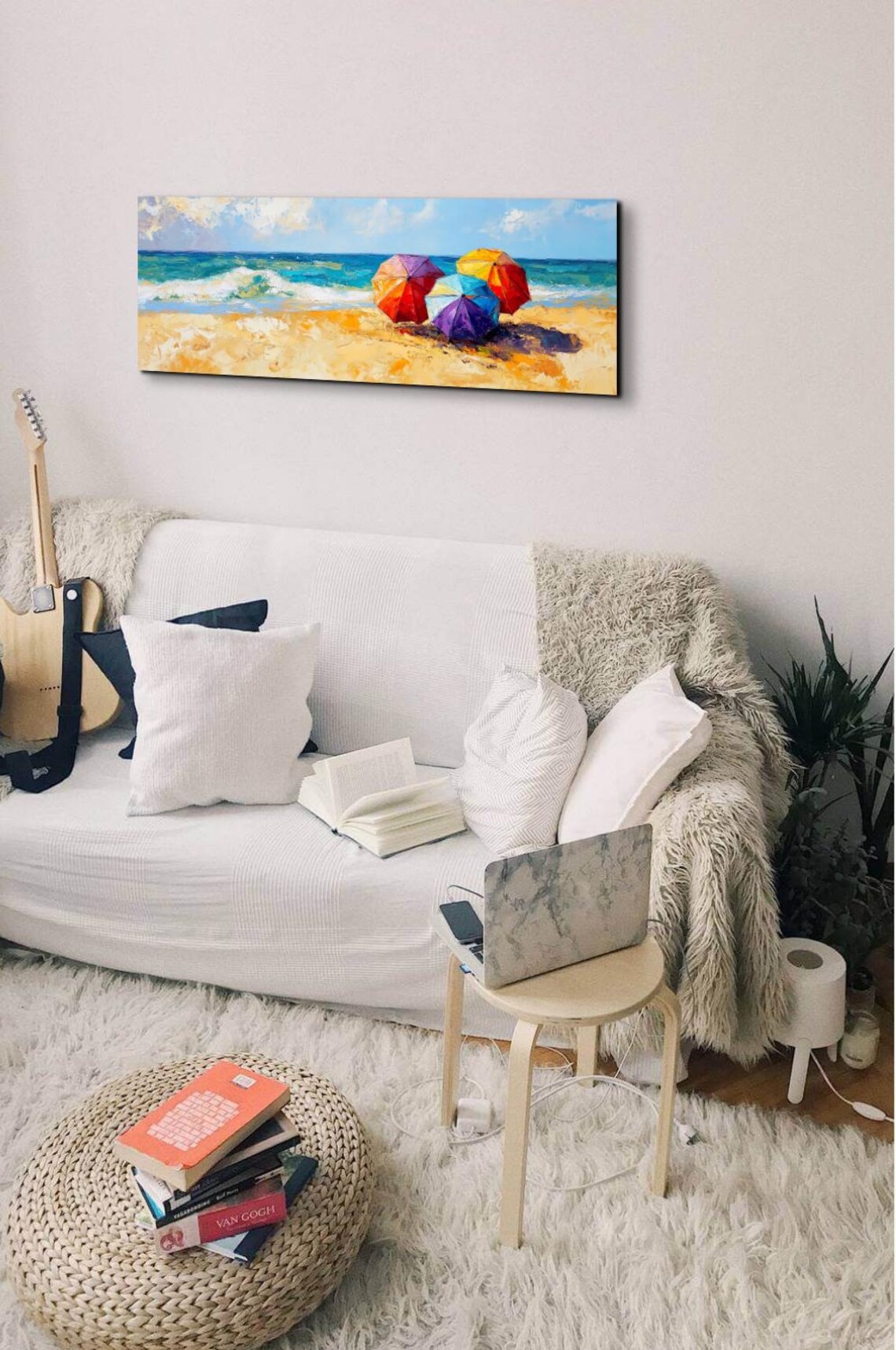 Beach Parasols Oil Painting, Panoramic Beach Scene - Image 4