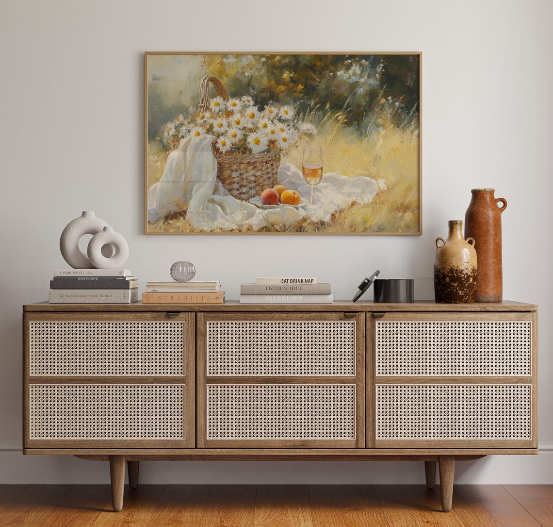 Summer Picnic With Daisies Wine and Apricots Still Life Print