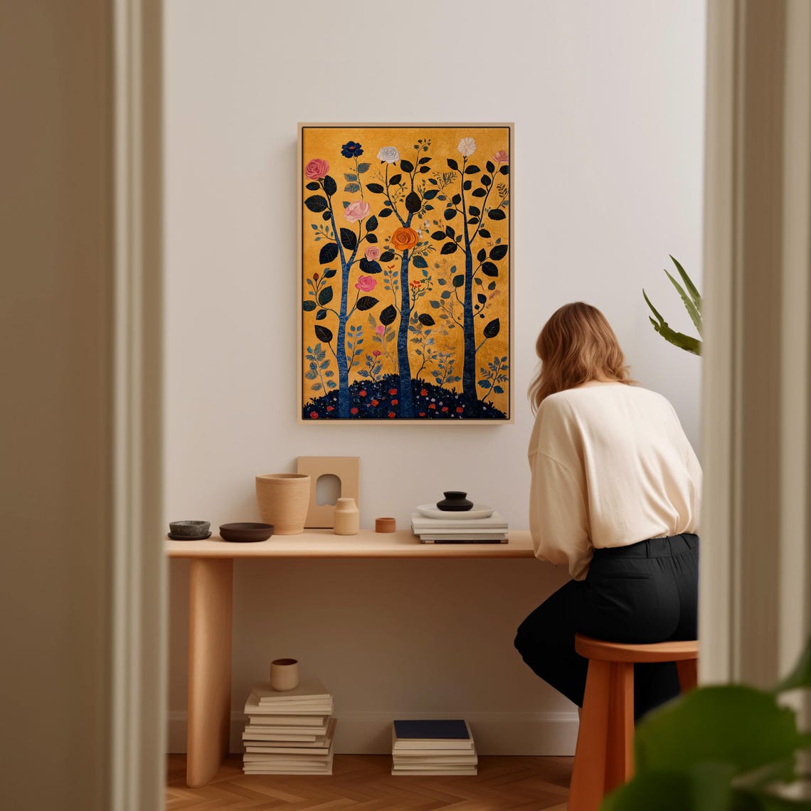 Stylized Rose Trees On Mustard Gold Folk Art Botanical Poster - Image 5