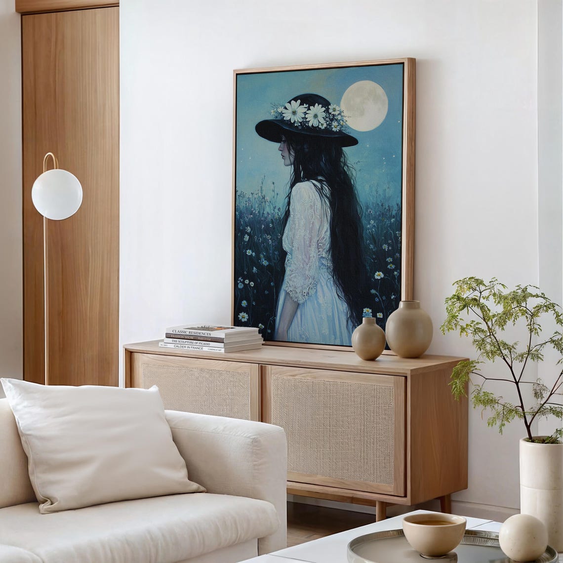 Ethereal Woman In Moonlit Meadow Floral Hat Lace Dress Oil Painting Wall Art Romantic Feminine Portrait With Natures Serenity - Image 4