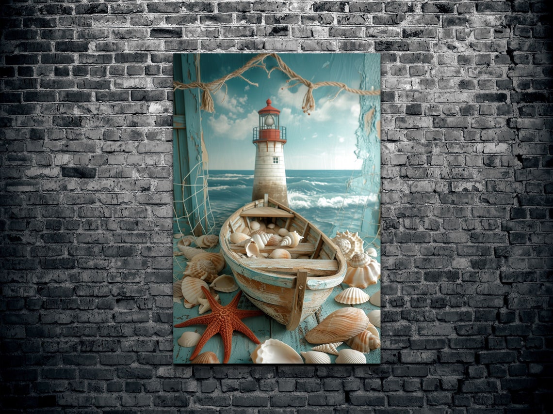 Lighthouse Rowboat Seashells Starfish Coastal Nautical Poster - Image 2