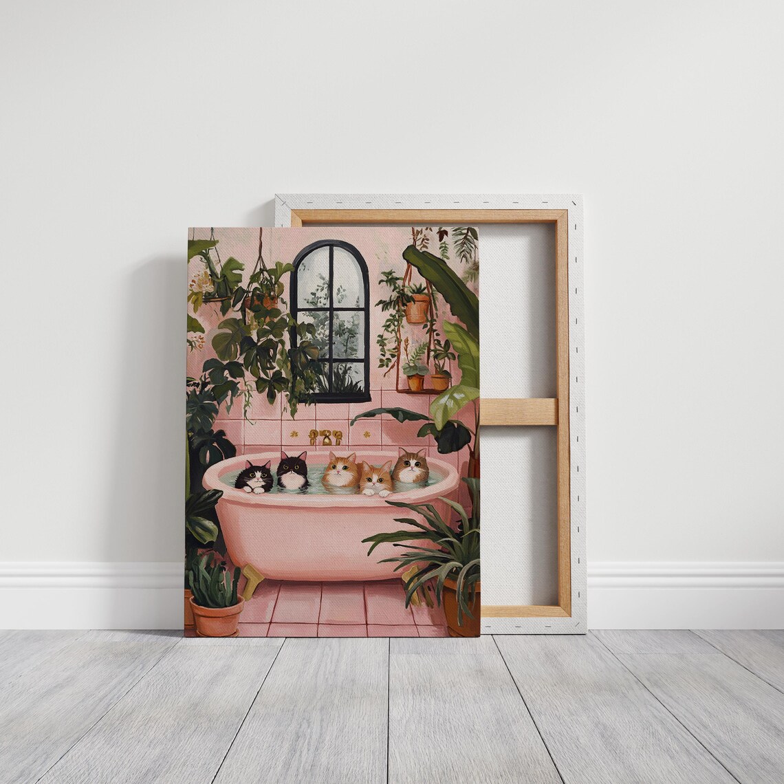 Five Cute Cats In Pink Bathtub Whimsical Bathroom Illustration Poster - Image 7