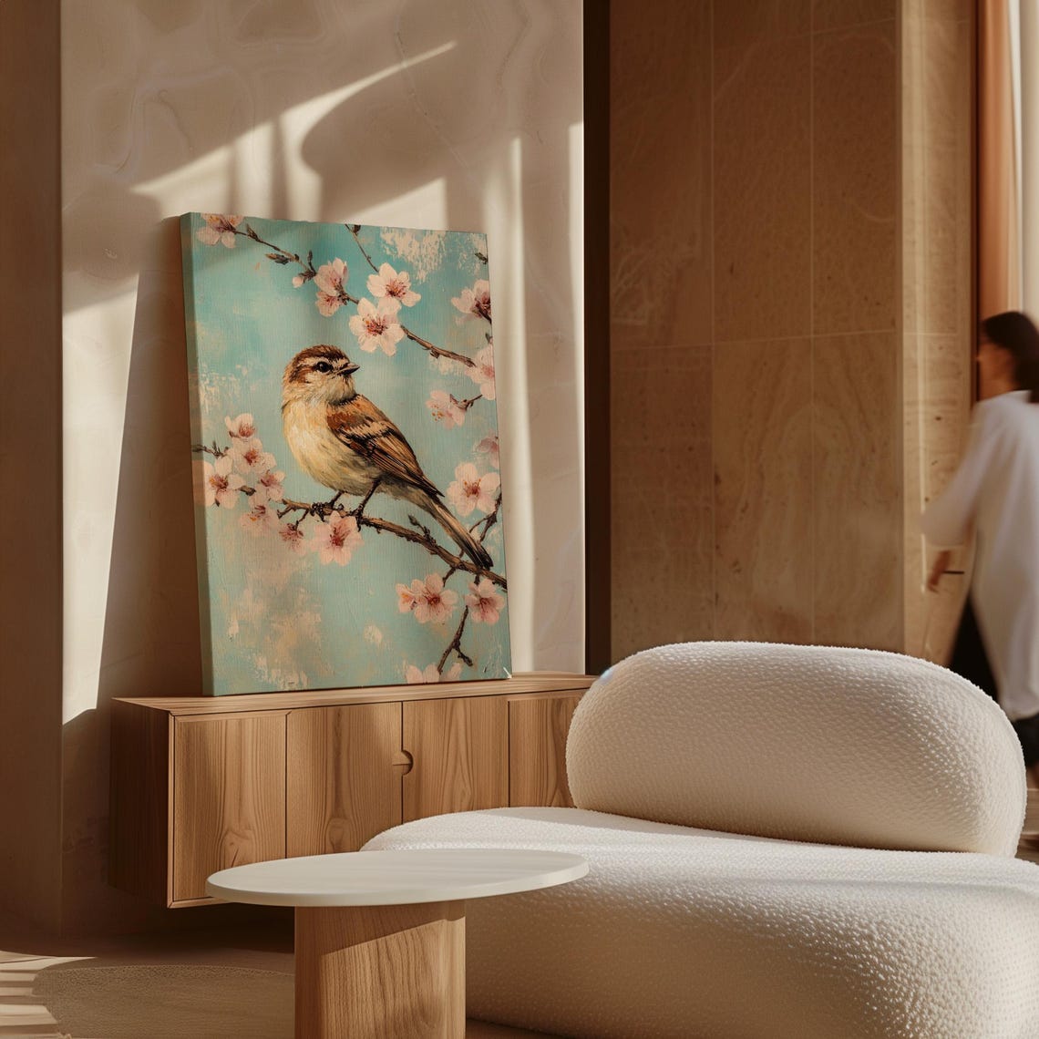 Sparrow Perched on Cherry Blossom Branch Pastel Teal Bird Art Print - Image 7