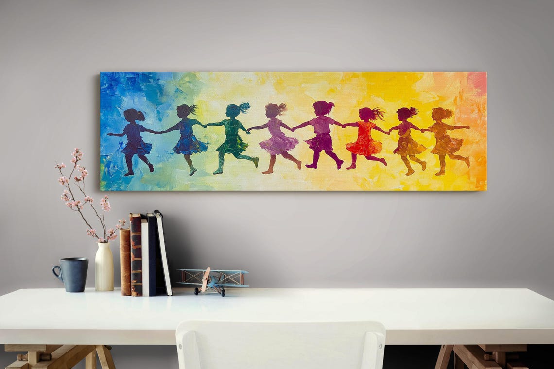 Children Holding Hands Rainbow Silhouette Kids Playing Color Poster - Image 4