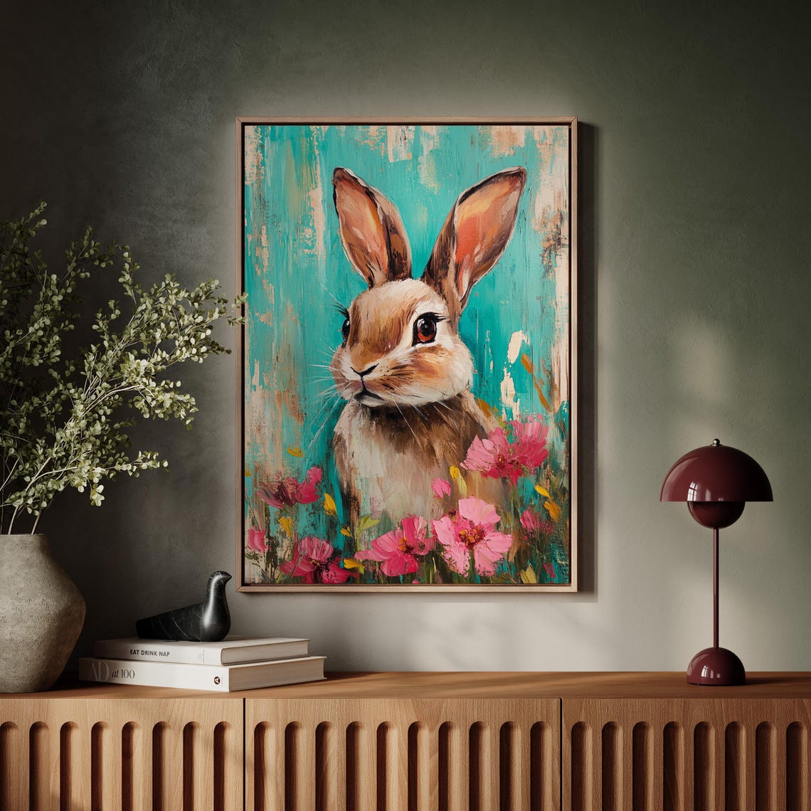 Brown Rabbit Among Pink Blossoms on Turquoise Painted Backdrop Poster - Image 5