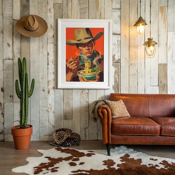 Cowboy Eating Ramen Bowl Retro Pop Art Western Illustration Poster