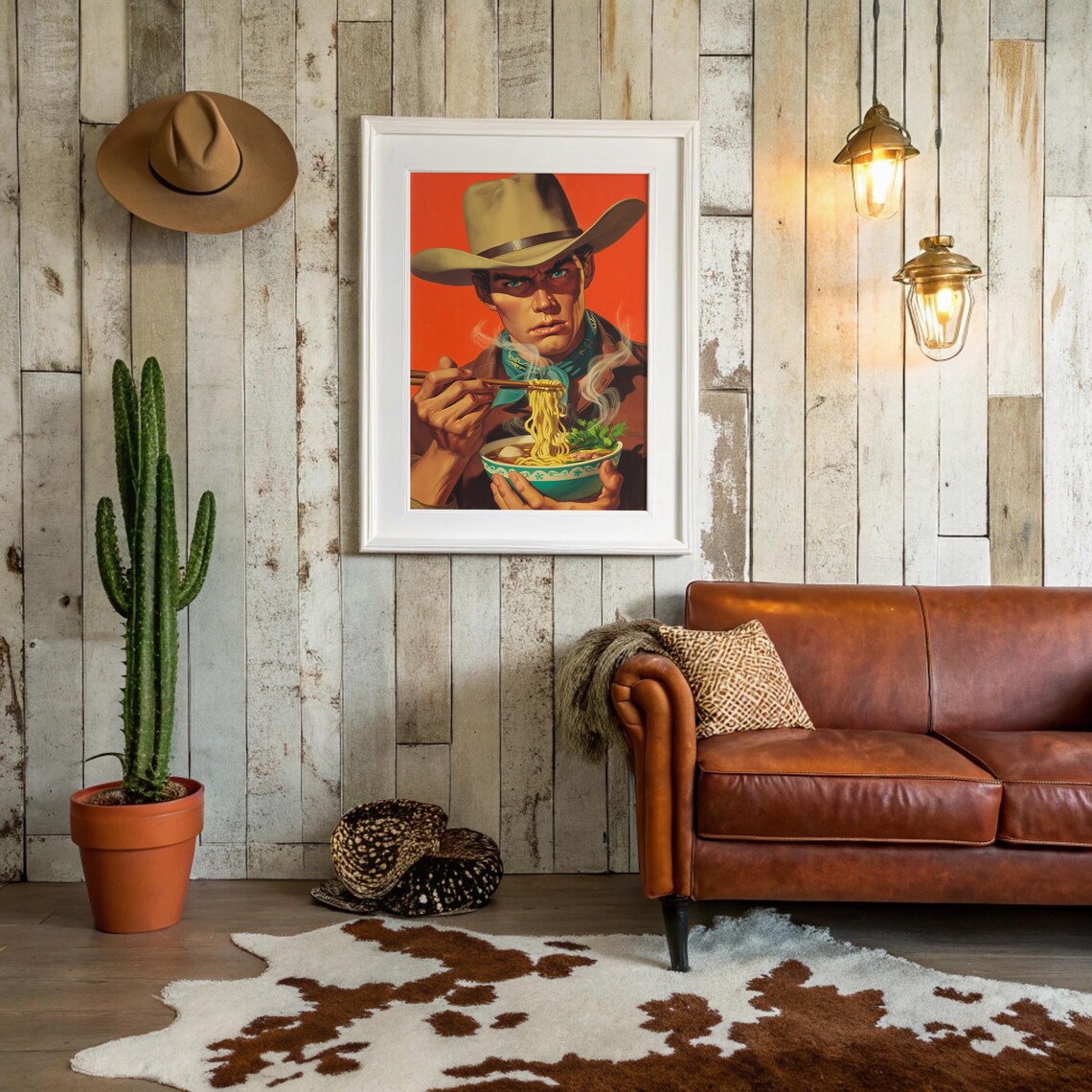 Cowboy Eating Ramen Bowl Retro Pop Art Western Illustration Poster