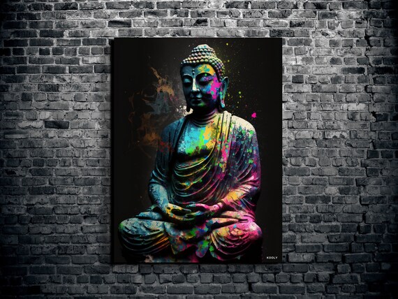 Buddha Statue Colorful Neon Paint Splatter Meditation Art Poster