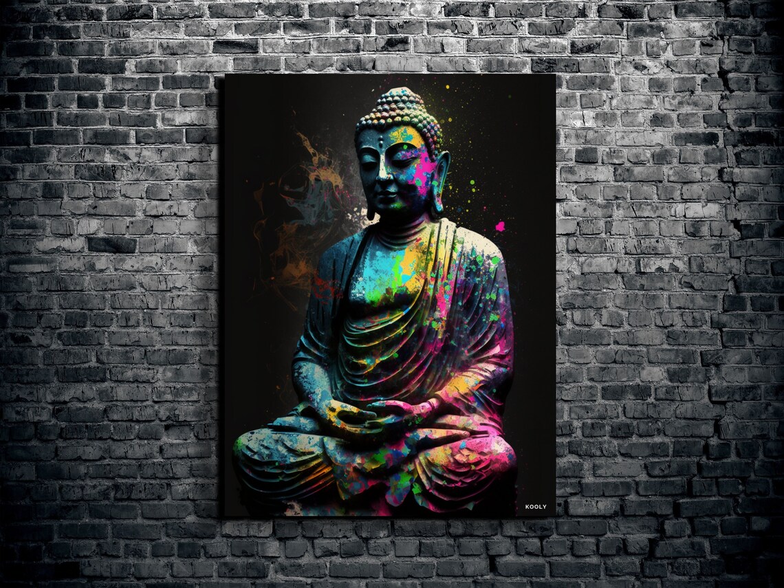 Buddha Statue Colorful Neon Paint Splatter Meditation Art Poster