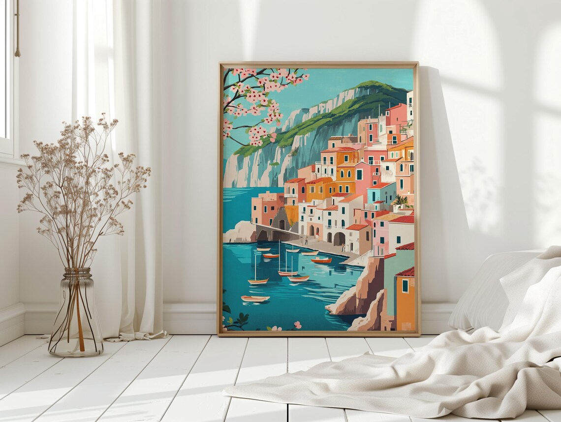 Amalfi Coast Colorful Cliffside Seaside Village Boats Travel Poster