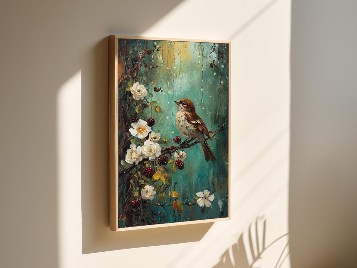 Brown Songbird With White Roses And Berries Painting Art Poster - Image 5