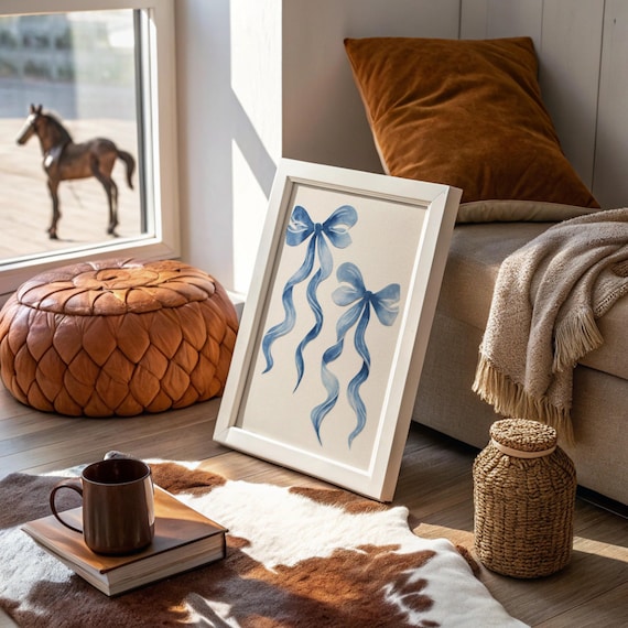 Pair Of Blue Ribbon Bows With Flowing Tails Elegant Decor Poster