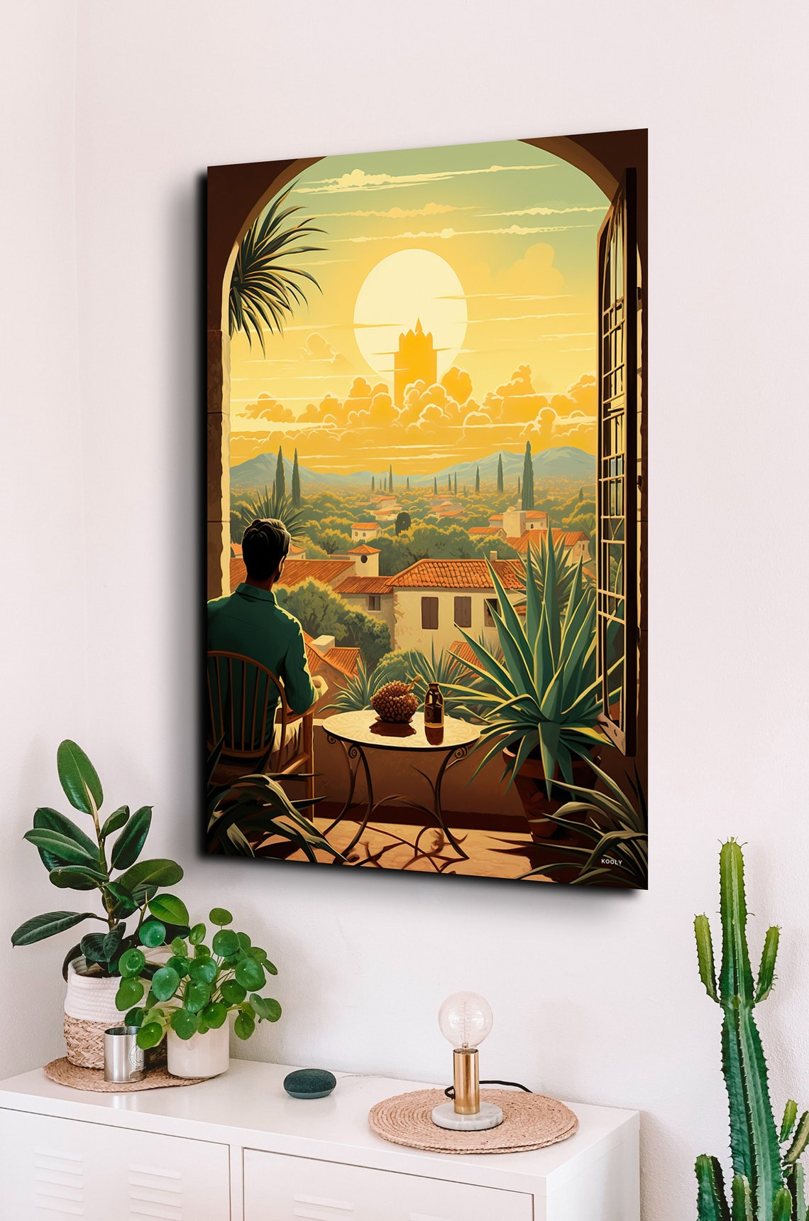 Sunlit Balcony Overlooking Mediterranean Old Town Scene Poster - Image 7
