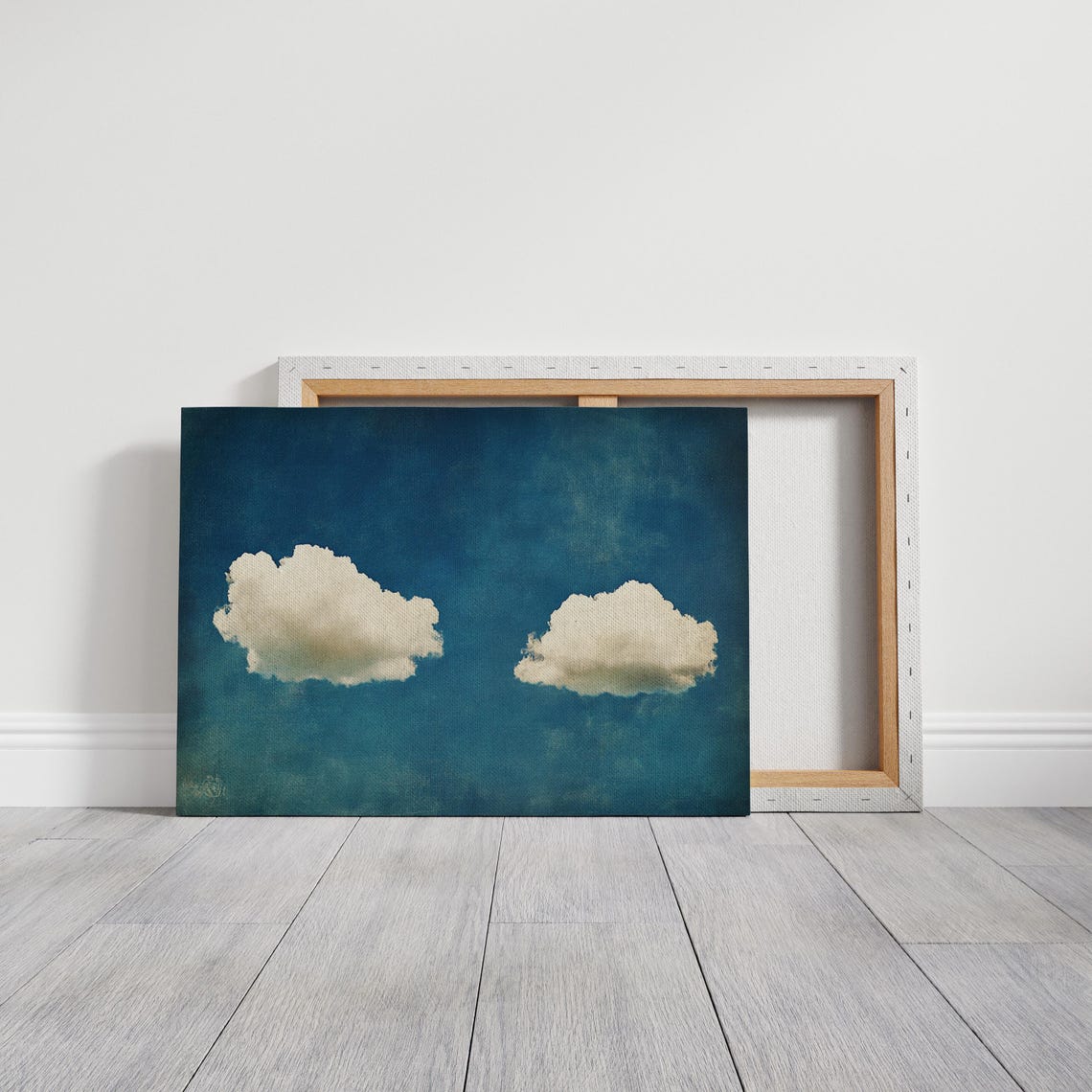 Rustic Two Cloud Cloudscape On Distressed Teal Blue Sky Art Poster - Image 3