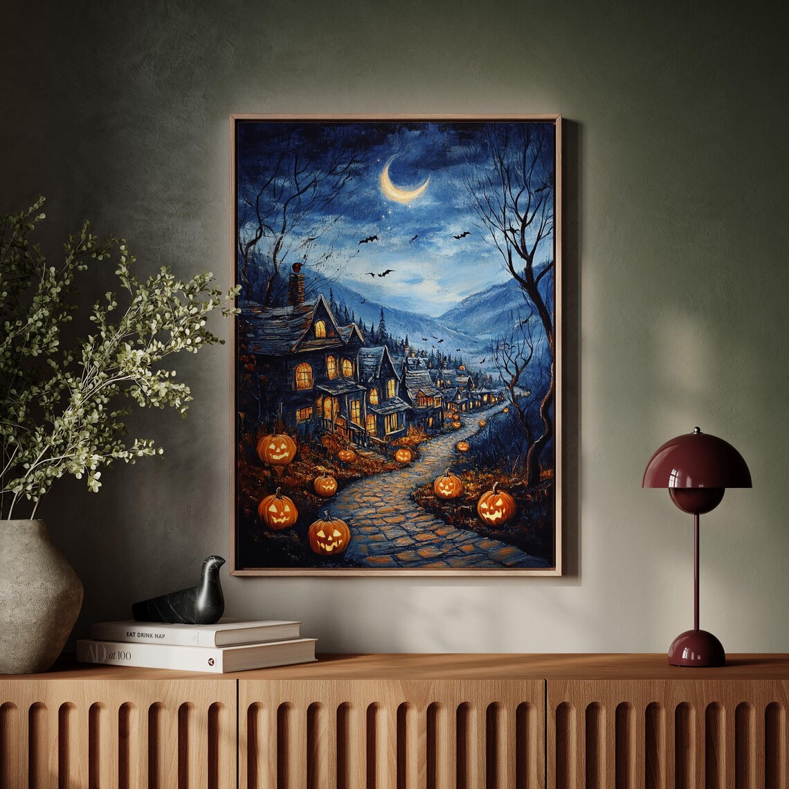 Spooky Halloween Night Haunted Houses Jack O Lanterns Crescent Moon Print - Image 4