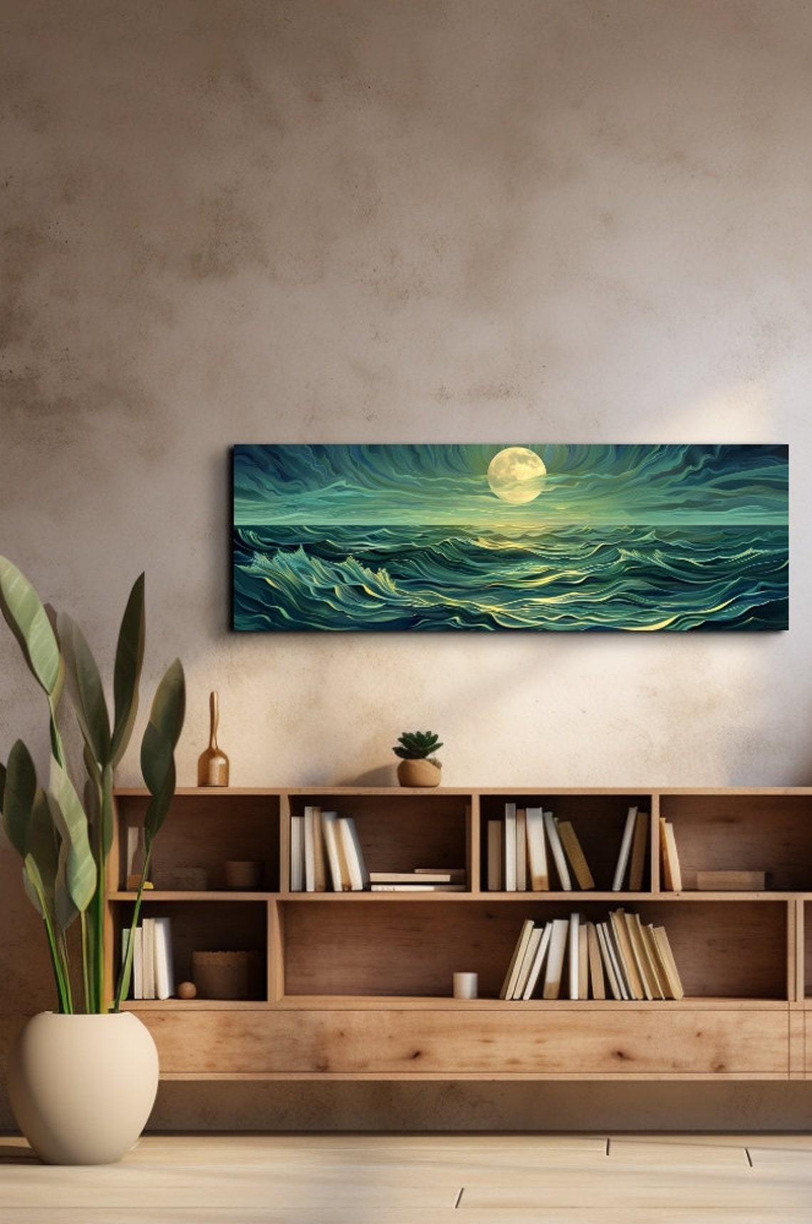 Glowing Full Moon Over Teal Waves Stylized Night Ocean Poster - Image 3