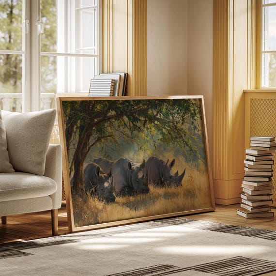 African Wildlife Rhino Canvas Wall Art Three Rhinos Resting In Golden Savannah Shade Safari Animal Painting Print