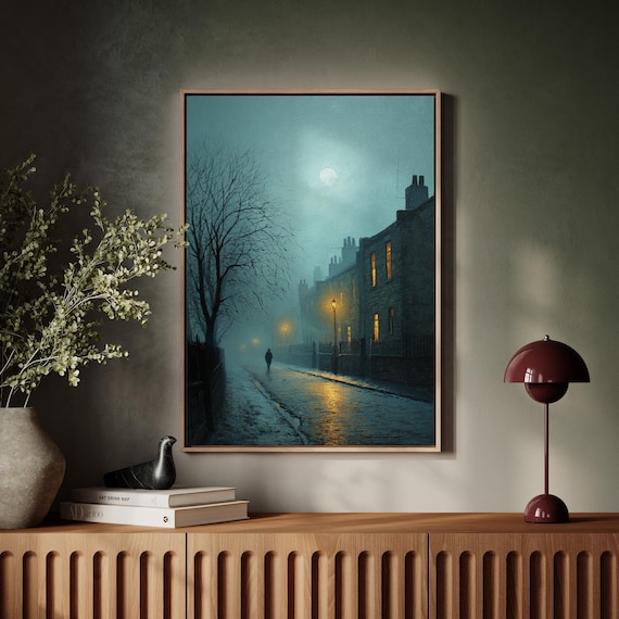 Foggy Night Street With Gaslights and Moon Vintage Oil Painting Poster