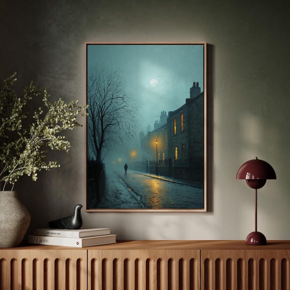 Moody Foggy Night Street Scene With Gaslights And Moon Vintage Oil Painting Style Urban Landscape Lone Silhouette Walker