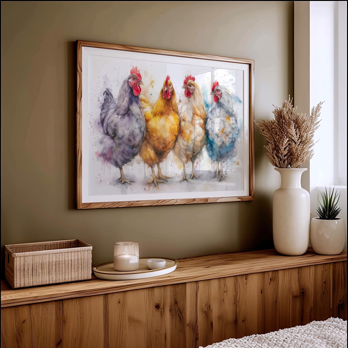 Four Colorful Hens Watercolor Painting Farmhouse Chicken Artwork Poster