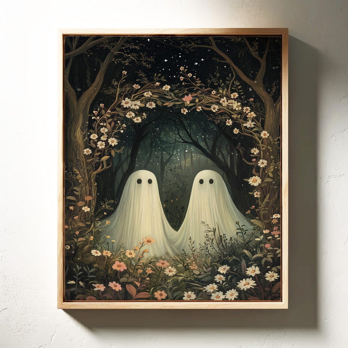 Ghost Couple Under Starry Floral Arch In Dark Enchanted Forest Poster - Image 3