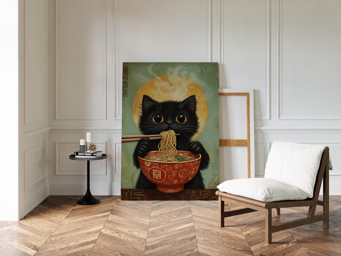 Black Cat Enjoying Ramen, Whimsical Kitchen Decor - Image 4