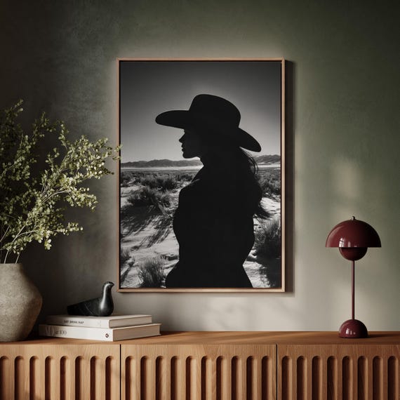 Cowgirl Silhouette On Snowy Plains Western Wall Art