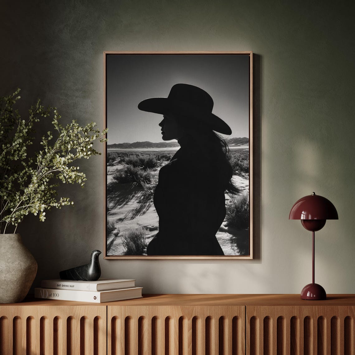 Cowgirl Silhouette Black and White Desert Plains Western Poster