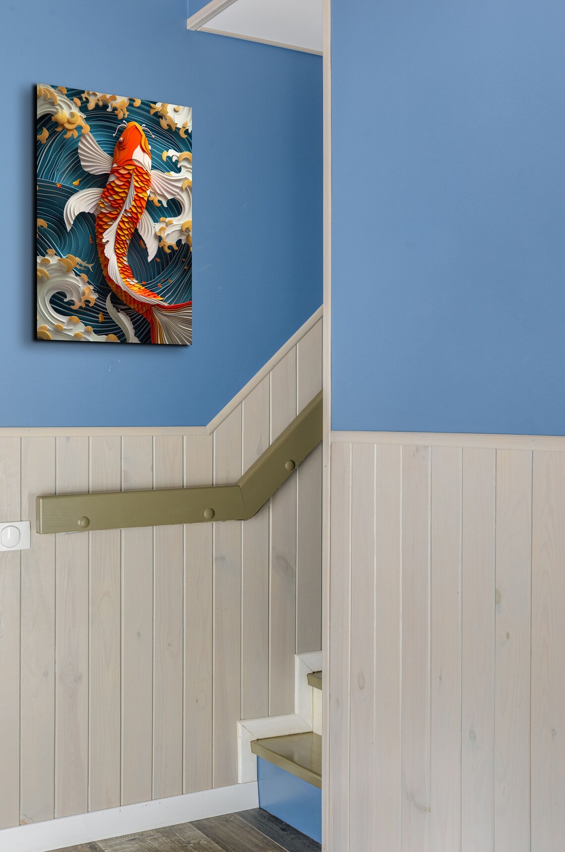 Orange Koi Fish Blue Ocean Waves Gold Clouds Japanese Poster - Image 3