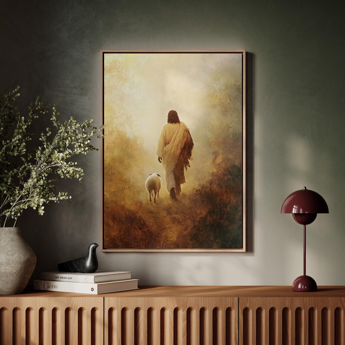 Jesus Walking With A Lamb Golden Field Peaceful Christian Poster - Image 3