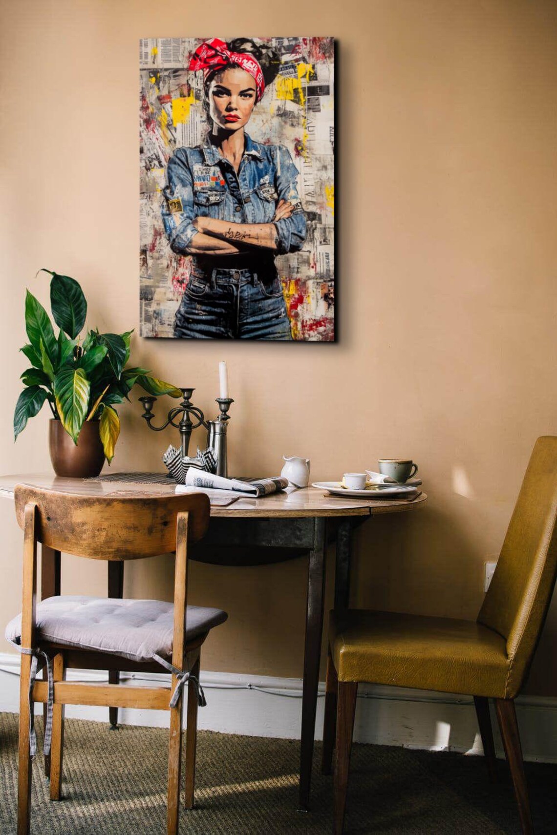 Rosie The Riveter Denim Street Art Portrait Red Bandana Art Poster - Image 7