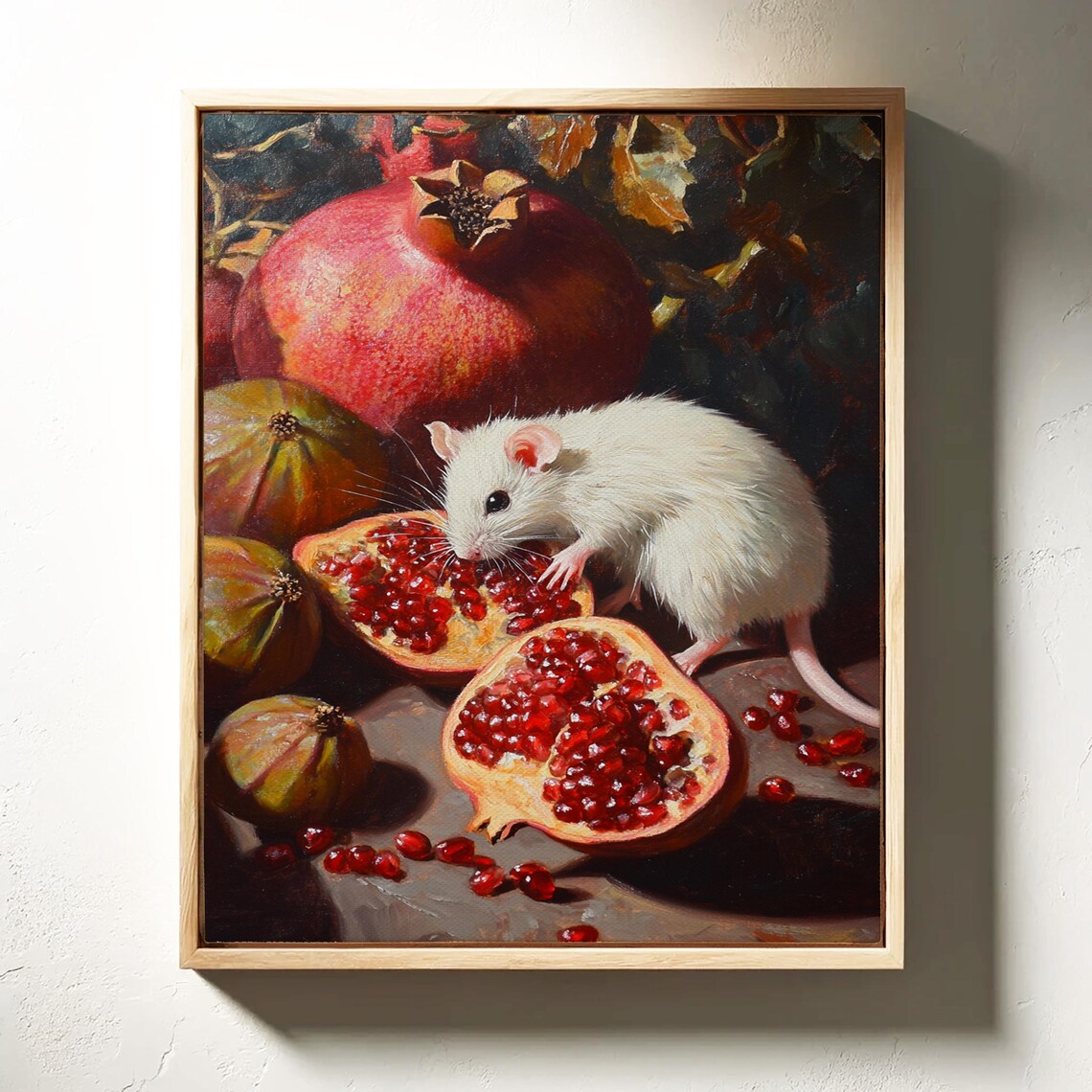 White Mouse Eating Pomegranate Vintage Art Print