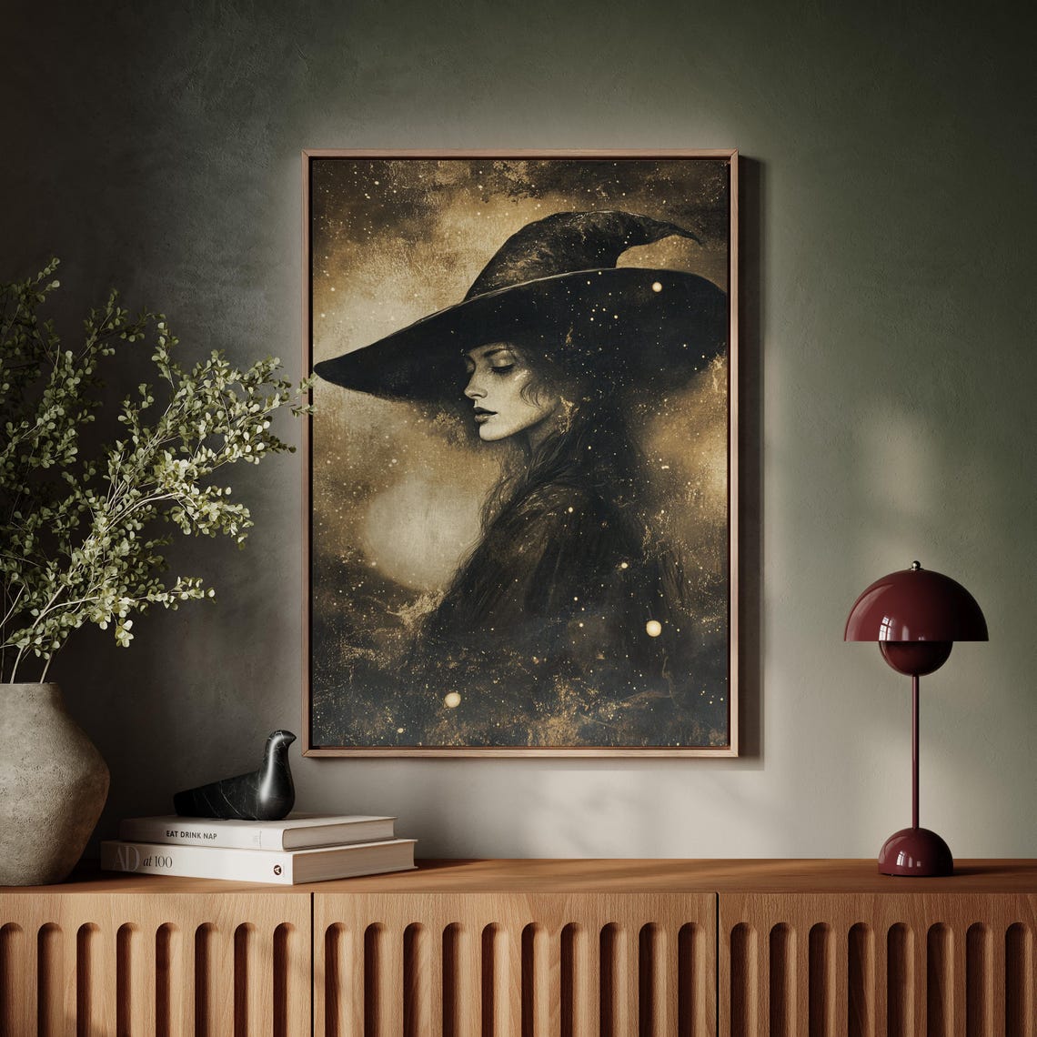 Enchanting Witch In Wide Brim Hat Mystical Sepia Portrait Poster