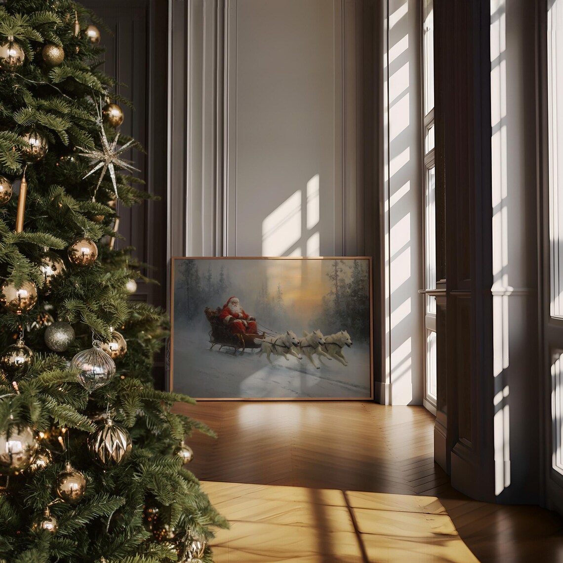 Santa Sleigh Ride With Huskies Snowy Forest Sunset Painting Poster