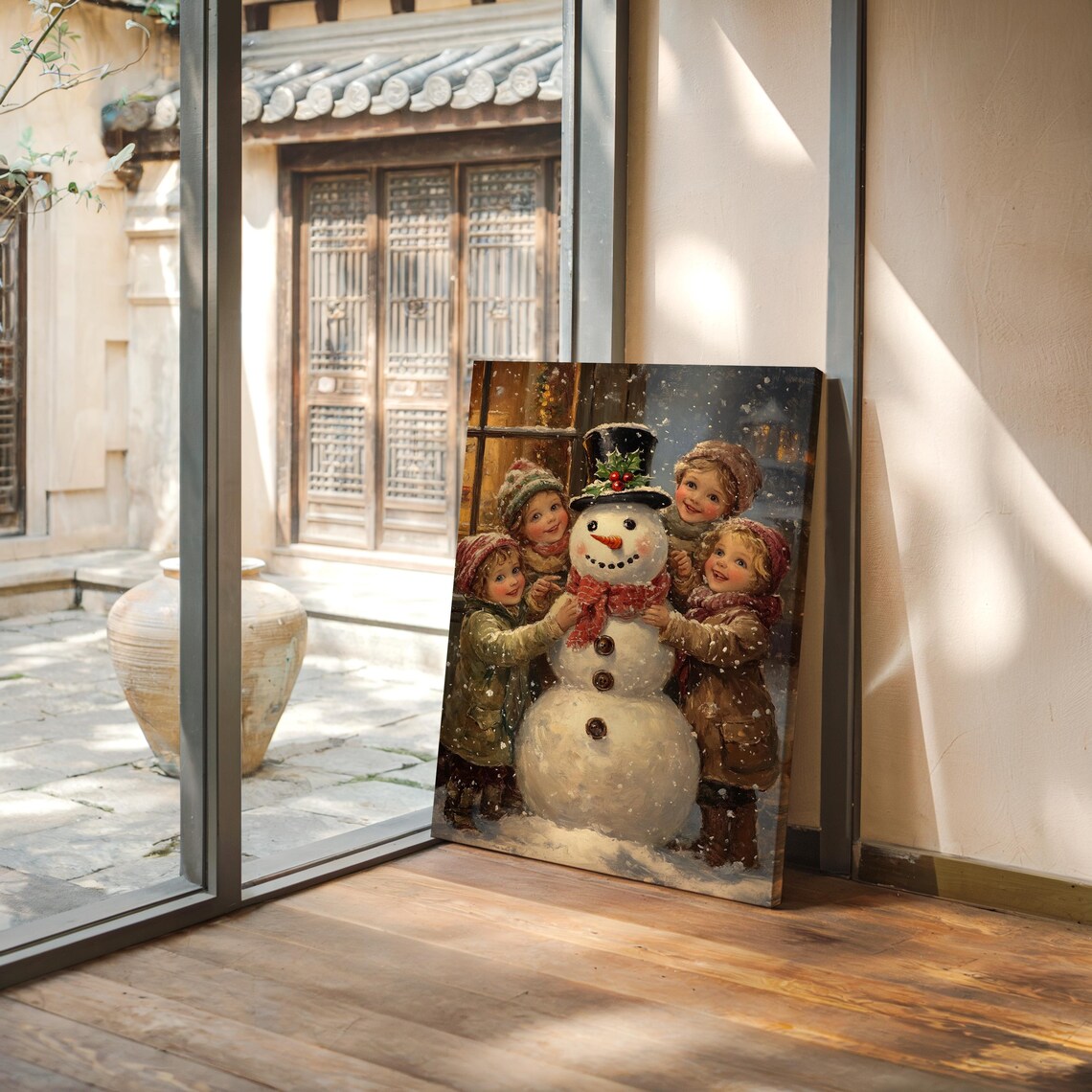 Children Building Snowman Vintage Christmas Holiday Season Poster - Image 5