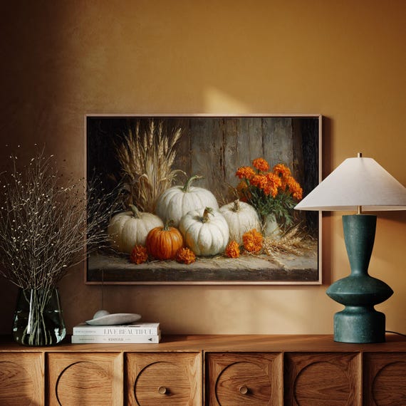 White Pumpkin Still Life Painting Rustic Autumn Harvest Wall Art With Marigolds