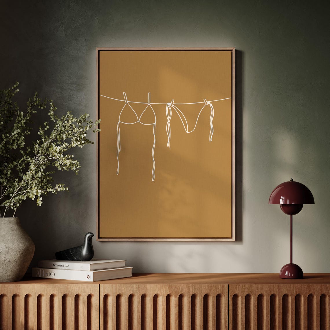 Bikini On Clothesline White Line Art Tan Minimalist Summer Poster