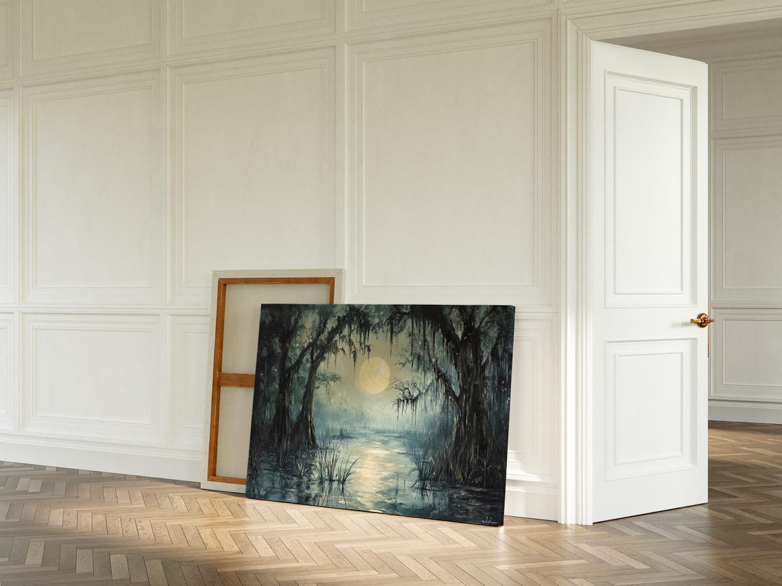 Full Moon Over Misty Cypress Swamp With Spanish Moss Water Poster - Image 5