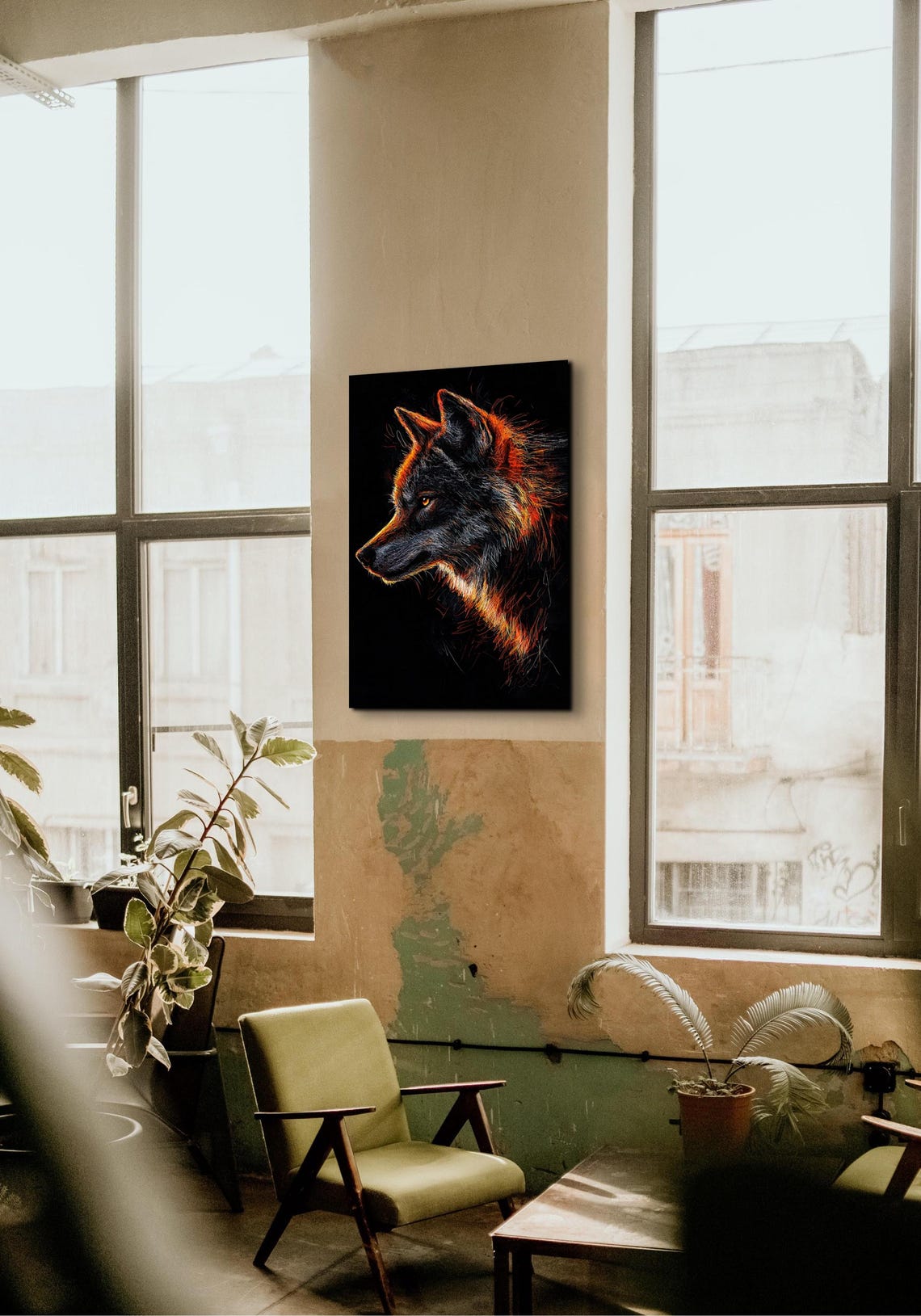 Fiery Orange Wolf Head Line Art on Dark Black Background Poster - Image 7
