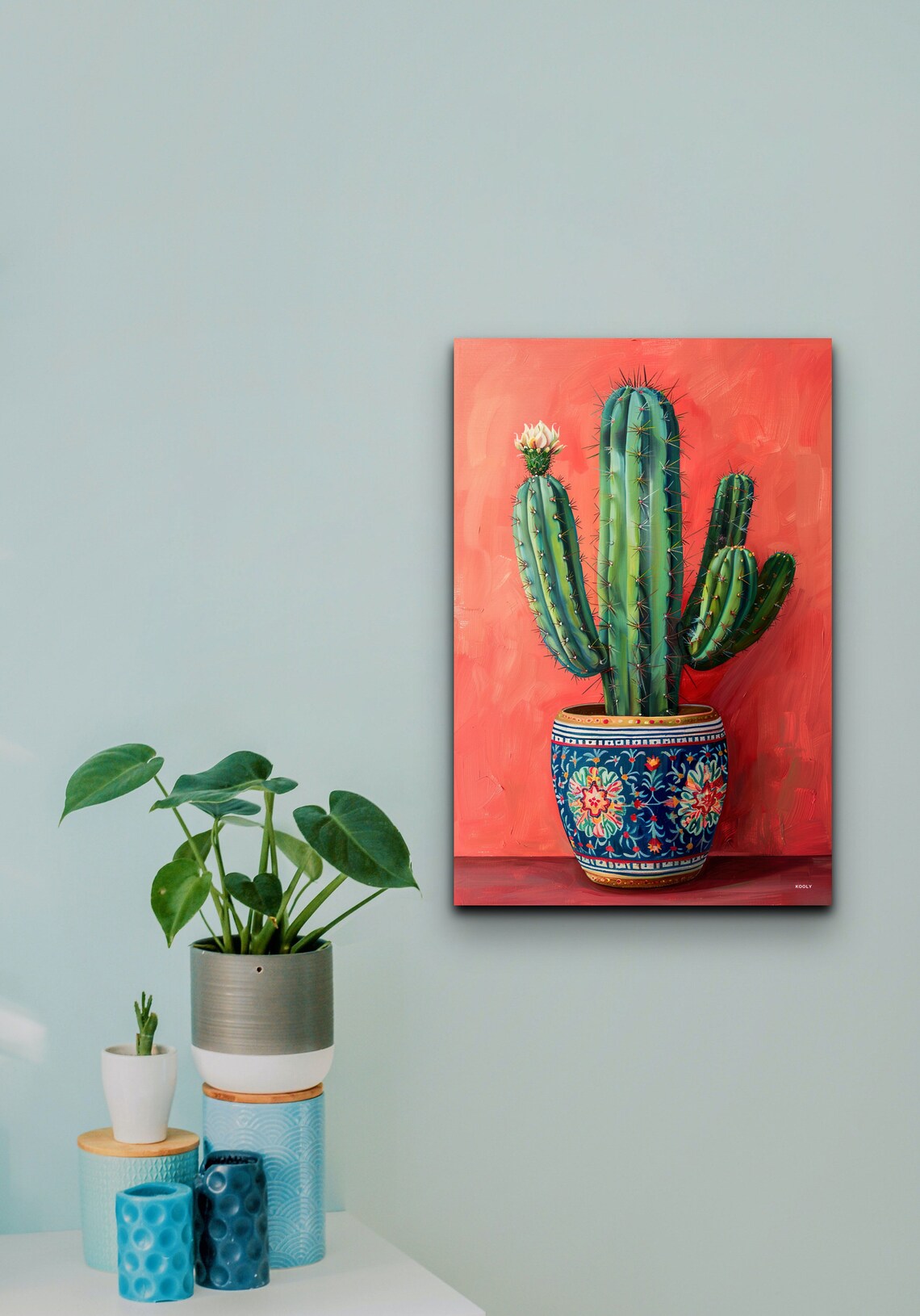 Potted Cactus Oil Painting Decorative Pot Coral Background Wall Art - Image 3