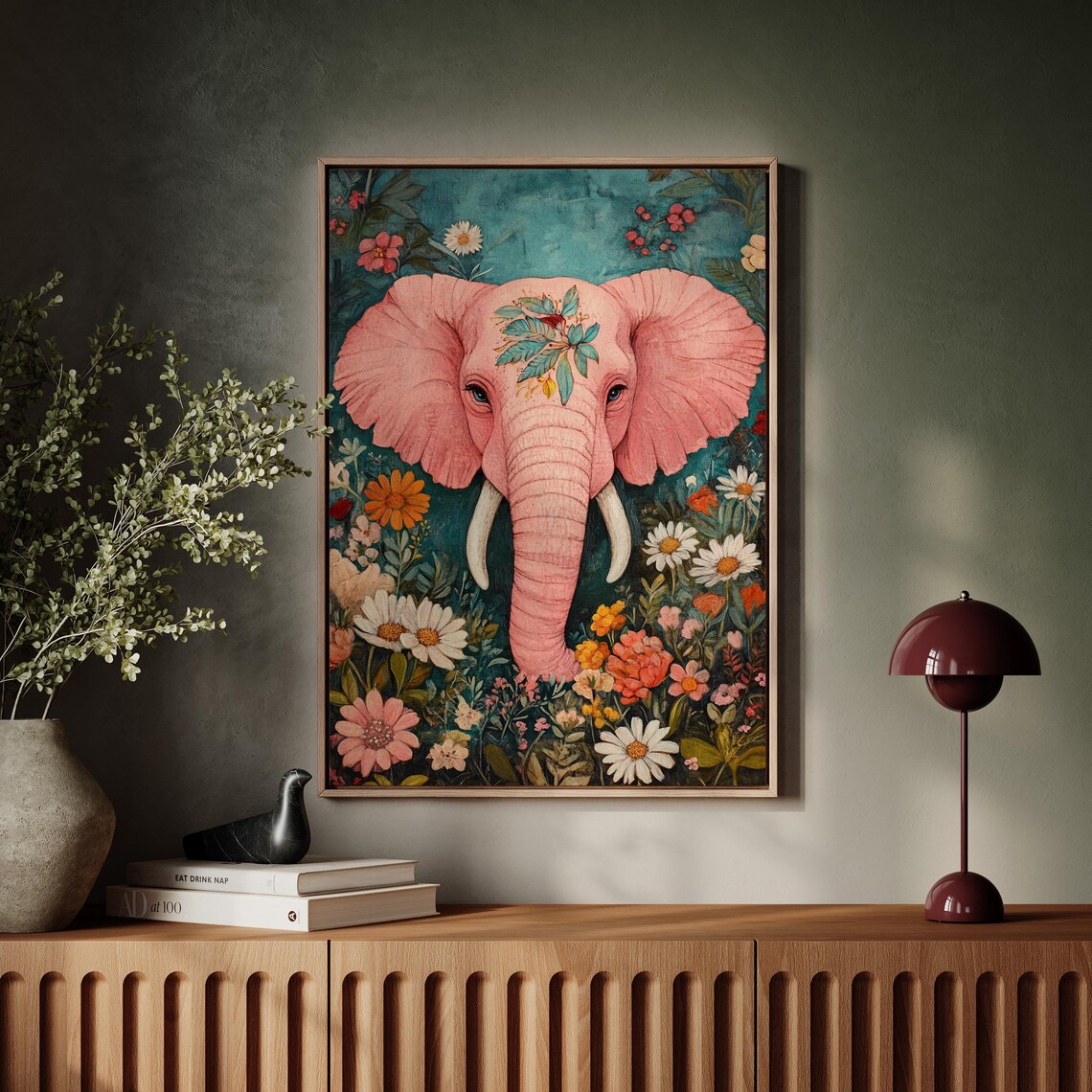 Pink Elephant In Wildflower Garden Whimsical Floral Art Poster - Image 7