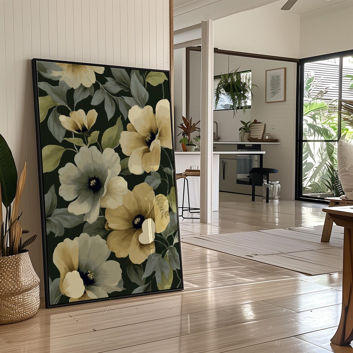 Yellow Flowers Dark Green Botanical Floral Vintage Painting Poster