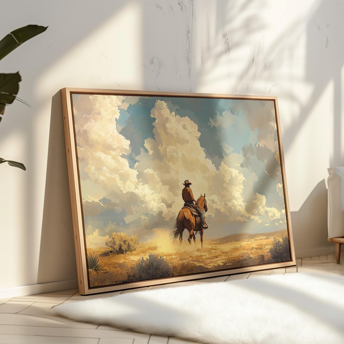 Cowboy Riding Into Golden Prairie Cumulus Clouds Western Poster - Image 2