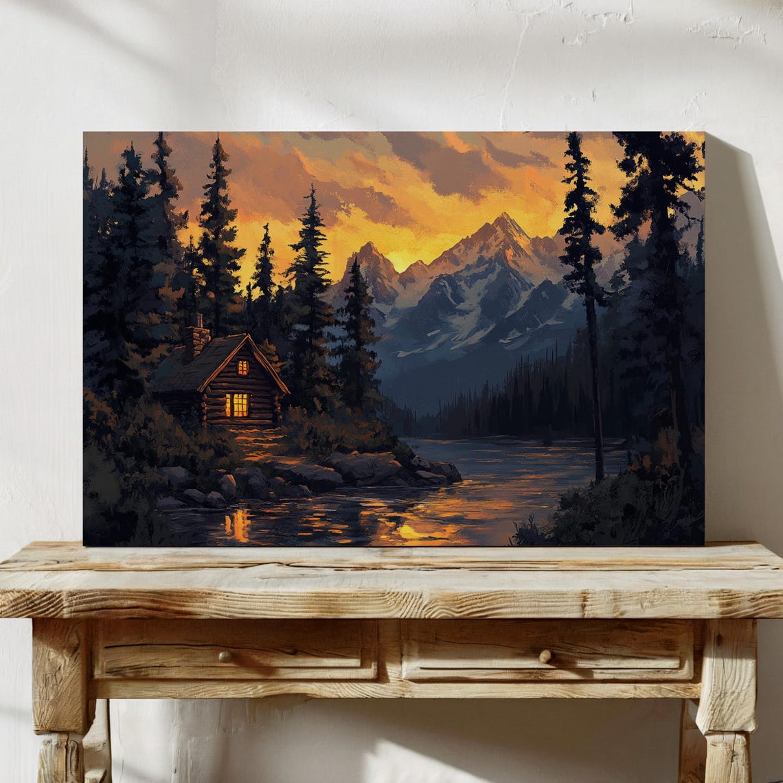 Cozy Cabin Sunset Mountain Lake Wall Art Rustic Lodge Decor Wilderness Nature Print Glowing Sunset Landscape Painting - Image 4